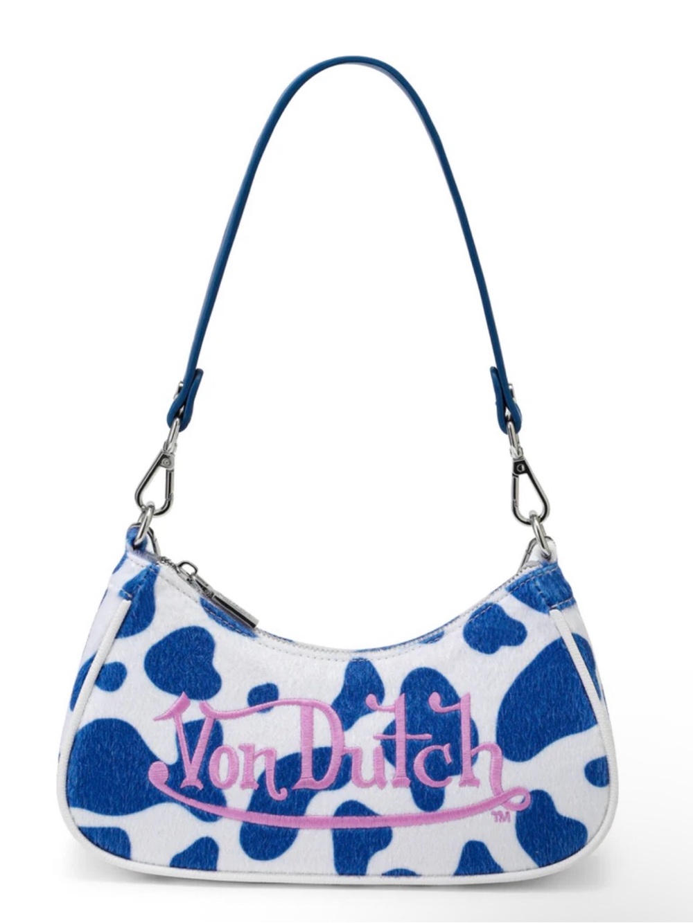Von Dutch Blue and White Patterned Mini Shoulder Bag with Pink Logo